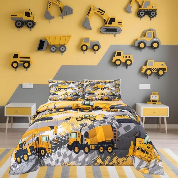 Feelyou Kids Construction Comforter Set Twin Bedding Sets for Boys Toddler Children Cartoon Cars Excavator Tractor Comforter Set Construction Machinery Truck Duvet Set Cars Bed Set with 1 Pillow Case