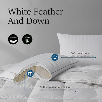 Hotel Grand Softy-Around Feather Down Pillows Queen Size Set of 2 Packs White Strip 100% Cotton Fabric Bed Pillows for All Position Sleepers,28"x20"/2 Packs