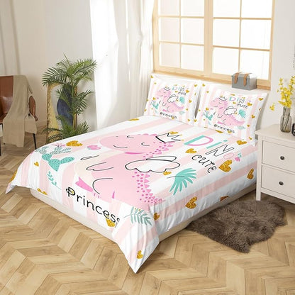 Castle Fairy Pink Dino Bedding Set Queen Size,Kawaii Cute Dinosaur Princess Duvet Cover Set for Children Adult,Cartoon Animal Girly Heart Stripes Soft Comforter Cover for Dorm Room, Zipper, Ties