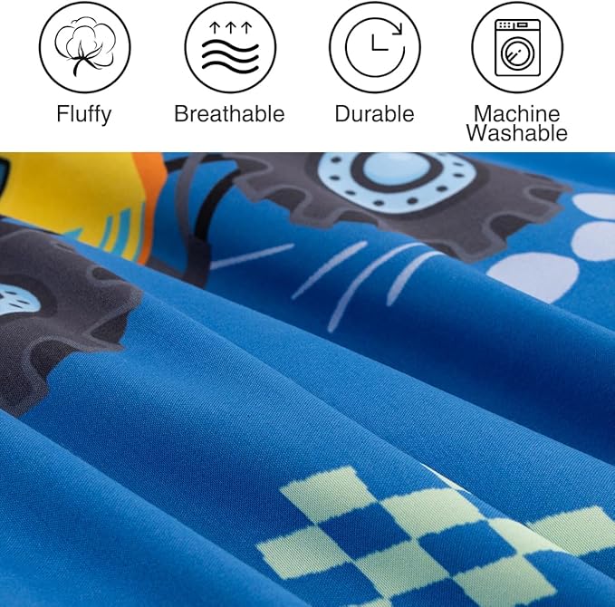 Holawakaka Trucks Tractors Cars Boys 5-Piece Bedding Comforter Sheet Set,Twin Size Cartoon Construction Car Excavator Print Kids Bed in A Bag, Excavator Mixer Truck Printed Bed Sets(Light Blue Twin)