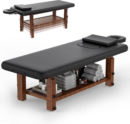 Olela Wood Adjustable Massage Table, Stationary Massage Tables with Adjustable Height Legs & Storage, Esthetician Bed with C-Shaped Pillow & PU Leather for Spa, Massage, Physical Therapy, Treatment