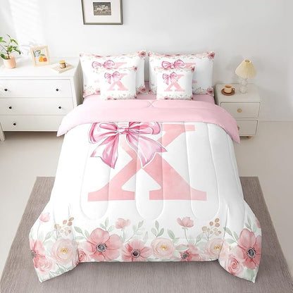 Erosebridal Initial Letter X Bed in A Bag King for Girls Kids, Dreamy Princess Bowknot Bedding Sets Flower Floral Fresh Style Comforter Set with Sheets Light Pink White Bow Bed Set Bedroom Decor