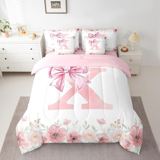 Erosebridal Initial Letter X Bed in A Bag Queen for Girls Kids, Dreamy Princess Bowknot Bedding Sets Flower Floral Fresh Style Comforter Set with Sheets Light Pink White Bow Bed Set Bedroom Decor