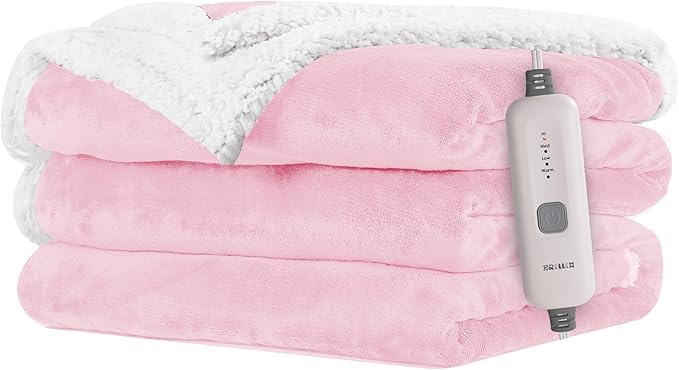 Electric Heated Blanket Flannel & Sherpa 50"x60" Throw Size - 4 Heat Levels, 10H Auto Shut Off, Fast Heating, Cozy and Comfortable, Warm Gifts, Machine Washable - Pink