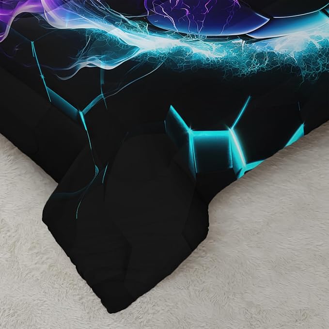 Soccer Print Themed Comforter 3Pcs Queen Gaming Sport Soccer Grid Bedding Set for Kid Teen Girl Boy Adult Balls Sports Games Blue Light Football Quilt Decor with 1 Comforter and 2 Pillowcases