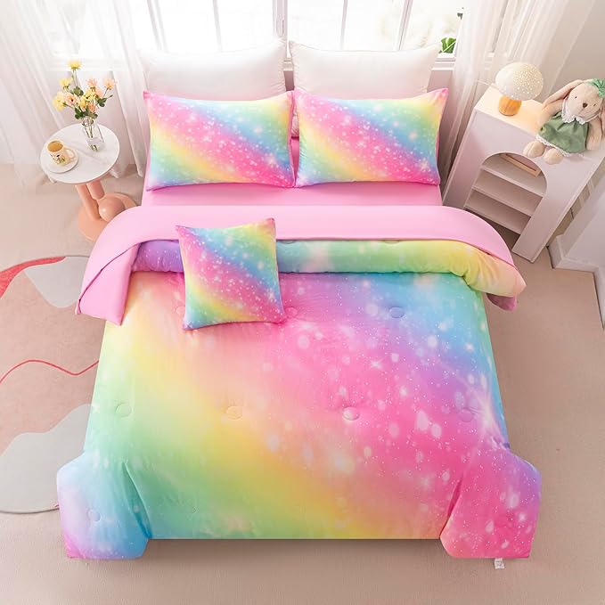 4Pcs Queen Size Comforter Set for Girls Kids, Gradient Colorful Rainbow Girls Bedding Set Queen with Sheets, Soft & Breathable Kids Bed for Gift Bedroom Decor