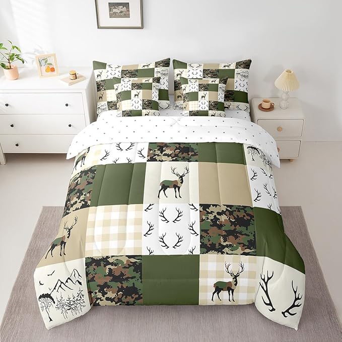 Feelyou Wild Deer 7 Piece Bedding Set King Size Geometric Pattern Comforter Set with Sheets for Kids Boys Girls Teens Green and Beige Bed in a Bag Camouflage Bed Set