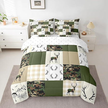 Feelyou Wild Deer 7 Piece Bedding Set King Size Geometric Pattern Comforter Set with Sheets for Kids Boys Girls Teens Green and Beige Bed in a Bag Camouflage Bed Set
