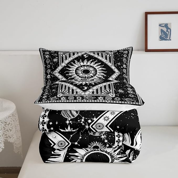 Castle Fairy Hippie Mandala Full Size Comforter Set Black White Sky Bedding Set for Kids Adults Teens Psychedelic Popular Comforter Luxury Sun and Moon Maditation Quilt Set Room Decor 3Pcs