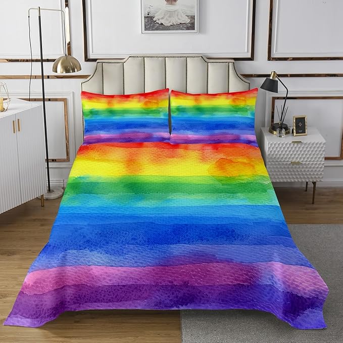 Erosebridal Rainbow Bedspread King Size Abstract Watercolor Coverlet Set, Pastel Colorful Decor Bedding Set, Decorative 3 Pcs Bedding Set with 2 Pillowcases, Watercolor