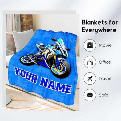 Kids Blanket for Boys, Personalized Cozy Soft Motorcycle Blanket Gifts for Kids, Cute Flannel Throw for Bed Travel, 50x60 Inches