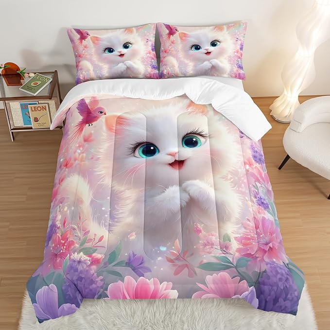 Kids Comforter Set Queen Size,Pink Cats Bedding Set for Girls Kawaii Room Decor,Colorful Flowers Rainbow Bed Set,Cute Pet Animal Themed Bedding with 2 Pillowcases.