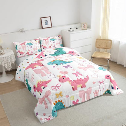 Cute Dino Kids Comforter Set Toddler Size,Kawaii Bowknot Heart Princess Style Reversible Quilt Set for Boys Bedroom Decor,Pink Blue Dinosaur Cartoon Animal Duvet Insert,1 Pillowcase