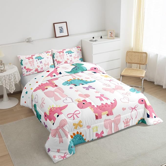 Cute Dino Kids Comforter Set Twin Size,Kawaii Bowknot Heart Princess Style Reversible Bedding Set for Teens Bedroom,Pink Blue Dinosaur Cartoon Animal Quilted Duvet with 1 Pillowcase