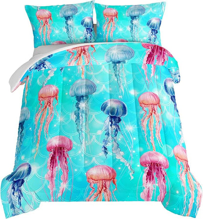 HOSIMA Colorful Jellyfish Comforter Set Full Size,Ocean Animal Theme Bedding Sets for Kids Boys Girls,Blue Fish Scales Glitter Marine Decor Comforter Bedding Collection with 2 Pillowcases.