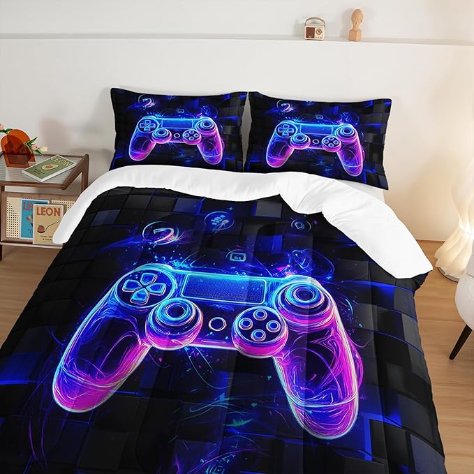 3 Pieces Bed in a Bag for Boys Bedding Sets Twin Size,Game Controller Comforter Sets for Boys Kids,Gaming Comforter Set for Teens Room Decor,Honeycomb Geometric Bedding with 2 Pillowcases.