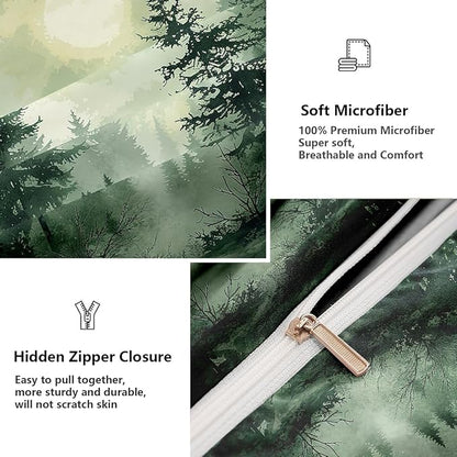 Pine Tree Duvet Cover King Size Forest Olive Green Duvet Cover Set Gradient Watercolor Botanical Bedding Set Soft Breathable Microfiber Comforter Cover(2 Pillowcases, No Comforter)