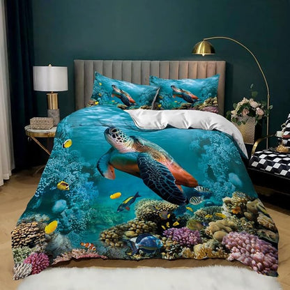CVHOUSE Sea Turtle Bedding Set,Ocean Beach Duvet Cover Set Queen Size,Turtle Comforter Cover for Boys Kids Girls(1 Quilt Cover 2 Pillowcases 3 Piece)