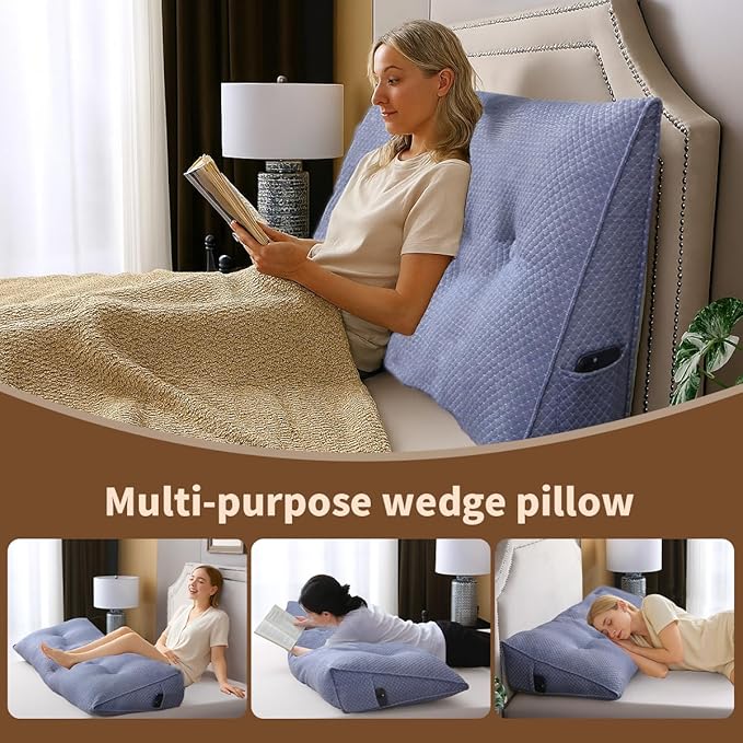 Wedge Headboard Pillow for Bed, Twin Dorm Headboard Pillow Support for Sitting Up, Reading, Relaxing, Bolster Pillow with Removable Washable Cover, Blue