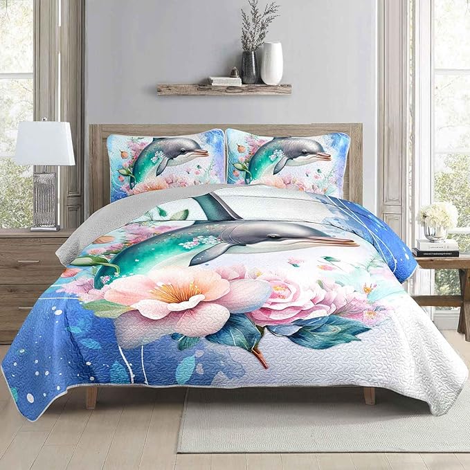 AILONEN Ocean Dolphin Quilt Set Full Size Blue Pink Flower Bedspread Coverlet for Kids Girls Boys,1 Quilt with 2 Pillowcases,Cute Dolphin Bed Cover 3 Pieces