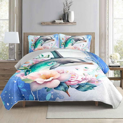 AILONEN Ocean Dolphin Quilt Set Full Size Blue Pink Flower Bedspread Coverlet for Kids Girls Boys,1 Quilt with 2 Pillowcases,Cute Dolphin Bed Cover 3 Pieces