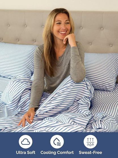 Extra Deep Twin Sheet Set - 4 Piece Breathable and Cooling Sheets - Hotel Luxury Bed Sheets Set - Easy Fit - Soft, Wrinkle Free and Comfy Sheets Set - Blue Striped Sheet Set with Extra Deep Pockets