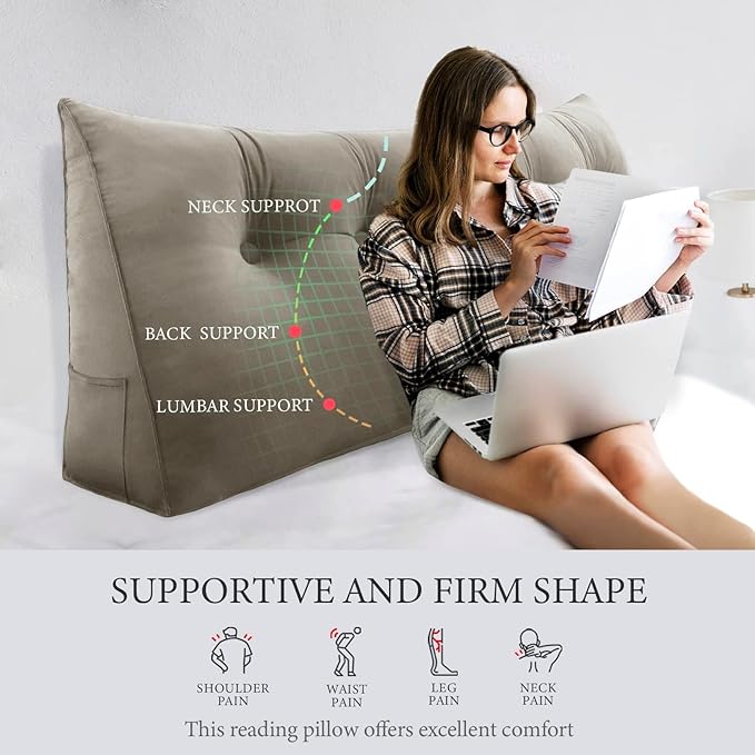 Headboard Pillow - 3 in 1 Large Bed Pillow as Wedge Reading Pillow, Large Couch Daybed Pillow or Positioning Support Backrest Back Cushion for Sitting in Bed Velvet Full Beige-Gray