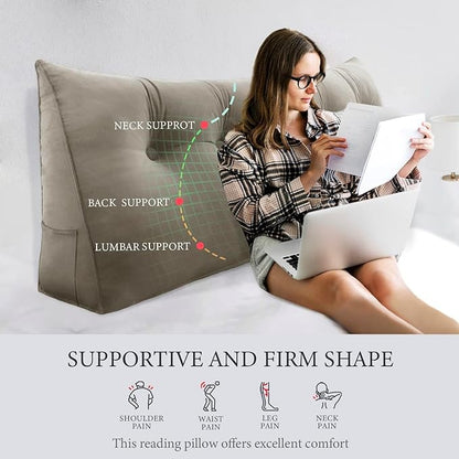 Headboard Pillow - 3 in 1 Large Bed Pillow as Wedge Reading Pillow, Large Couch Daybed Pillow or Positioning Support Backrest Back Cushion for Sitting in Bed Velvet Full Beige-Gray