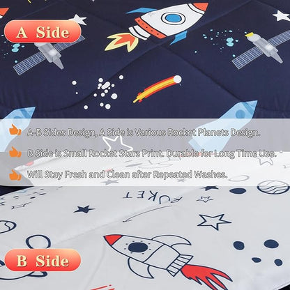 RYNGHIPY Kids Comforter Set, Full Size, Cute Space Rocket Bedding Set for Boys & Girls, Space Themed Teen Boy Bedding