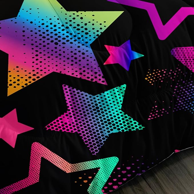 Kawaii Color Star Comforter Set Kids Bedroom Set,Neon Light Star Bedding Twin Size Comforter Sets for Boys Girls Room Decor,Aesthetic Bedding Sets with 2 Pillowcases.