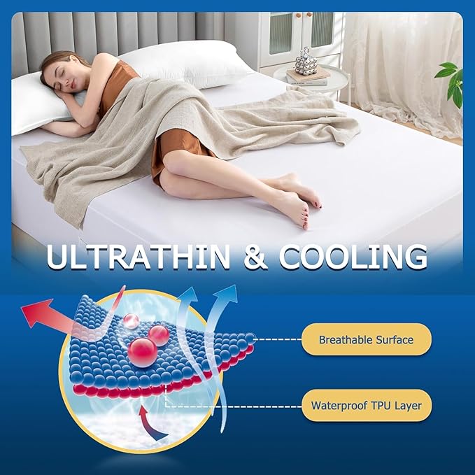 Full Waterproof Zippered Mattress Encasement, Breathable, Noiseless, Machine-Washable Zipped Mattress Cover, Fitting 7" - 13" Deep Mattress