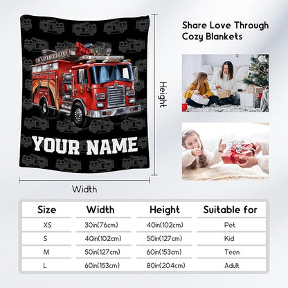 Toddler Blankets for Boys, Personalized Cozy Soft Fire Truck Throw Gifts for Kids, Black Flannel Firefighter Blankets for Bed Couch, 60x80 Inches