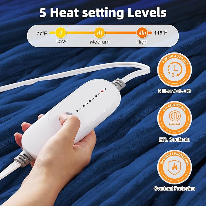 HYLEORY Heated Blanket Electric Throw, Soft Flannel Sherpa Heater 5 Heat Settings and 3 Hours Auto Shut-Off Heating Blanket ETL Certification Over-Heat Protection Machine Washable,Navy Blue