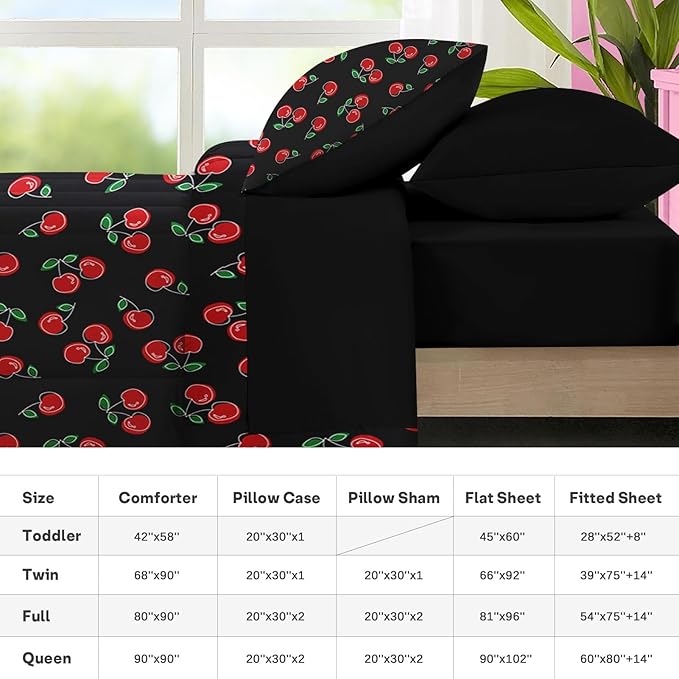 Nesker 5 Pcs Comforter Set Twin Size, Retro Red Black Bedding for Kids Teen, Cherry Fruit Bed Sheet with Pillowcase & Sham