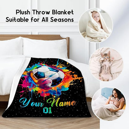 Personalized Soccer Gifts for Boys, Custom Soccer Blanket Gift for Sport Lovers, Flannel Throw Blankets for Kids Girls Teens, Sports Decorations for Room Team Player (Colorful, 60x80 Inch)