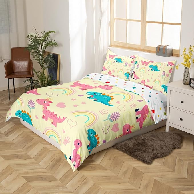Kawaii Dino Duvet Cover Set Full Size,Cute Rainbow Floral Love Heart Reversible Quilt Cover with 2 Pillowcases,Pink Yellow Dinosaur Lovely Animal Breathable Bedding Set (NO Comforter), Soft