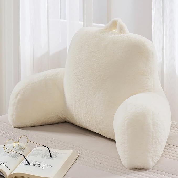 Faux Fur Reading Pillow for Bed/Couch/Floor/Dorm, Great Cozy Back Pillow for Bed Sitting Up, Fluffy Fur Bed Pillow for Sitting Up for Adults/Teens/Kids, Upgrade Back Support Pillow, Ivory
