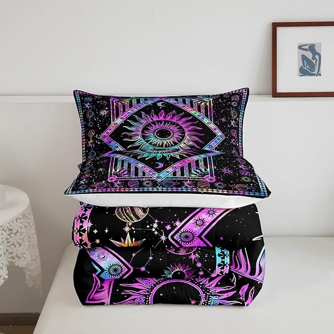 Castle Fairy Burning Sun Full Size Comforter Set Rainbow Gradient Bedding Set for Kids Adults Teens Mystic Tie dye Comforter Luxury Sun Moon Star Planet Quilt Set Room Decor 3Pcs