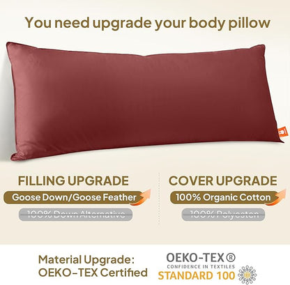 Goose Down Body Pillows for Adults, Large Body Pillow for Side Sleeper, Hugging Feather Body Pillow Insert, Cooling Full Length Long Pillow for Bed with 100% Organic Cotton Shell, (Burgundy 20"x54")