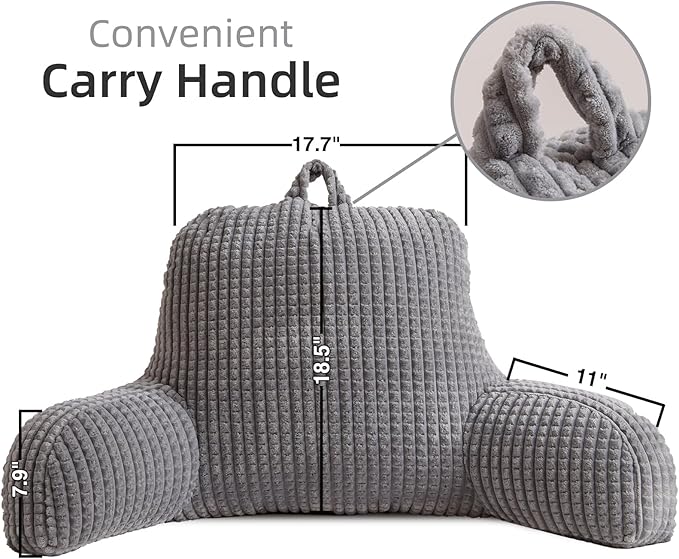 A Nice Night Reading Pillow Bed Wedge Large Adult Children Backrest with Arms Back Support for Sitting Up in Bed/Couch for Lounging Bedrest,Waffle Stereoscopic Design,Grey