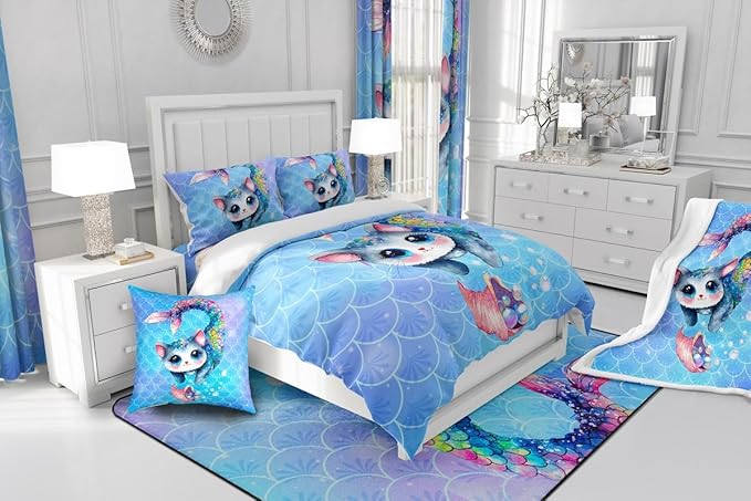 Feelyou Rainbow Cartoon Cat Bed Sheet Set Colorful Mermaid Comforter Set for Kids Boys Girls Teens Room Decor Blue Mermaid Scales Bedding Set Set Ocean Gradient Bed Cover 3Pcs Full Size Boys