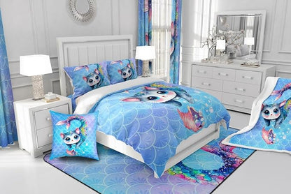 Feelyou Rainbow Cartoon Cat Bed Sheet Set Colorful Mermaid Comforter Set for Kids Boys Girls Teens Room Decor Blue Mermaid Scales Bedding Set Set Ocean Gradient Bed Cover 3Pcs Full Size Boys