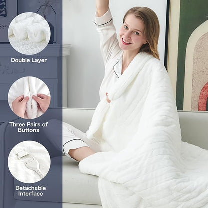 greenoak Heated Electric Blanket Throw, Faux Fur Sherpa Heating Blanket for Sofa Bed, Warm Winter Gifts for Women/Men, Heater Lap Blankets 5-Position Timer &10 Heating Levels 50''*60" Whtie