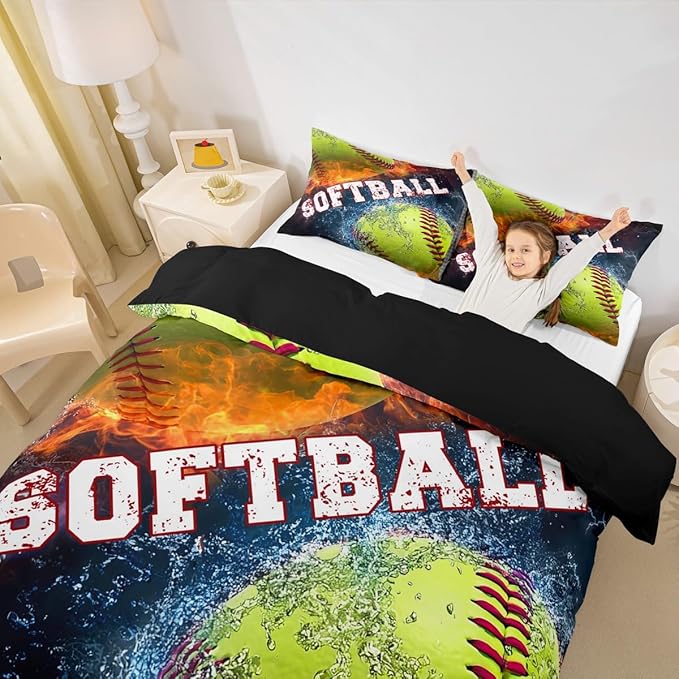 Castle Fairy 3D Softball Bedding Sets Twin Size,Ice and Fire Duvet Cover Sets for Boys Girls 2Pcs,Boyes Gamer Comforter Cover Bedroom Decor,Ball Sports Gaming Bed Sets with 1 Pillowcase