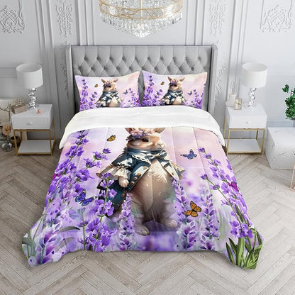 Lavender Rabbit Comforter Full Kids Rabbit Bedding Set Cute Bunny Quilt Bed Set Bedroom Decor Includes 1 Comforter, 2 Pillowcases for Girls Boys Teens