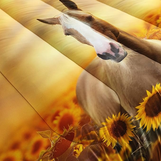 QOOMO Horse Comforter Queen Size,Sunflower Horse Comforter Set for Kids Teens Girls Boys,3Pcs Bedding Set Printed Comforter with 2 Pillowcases,Soft and Lightweight，Queen Size