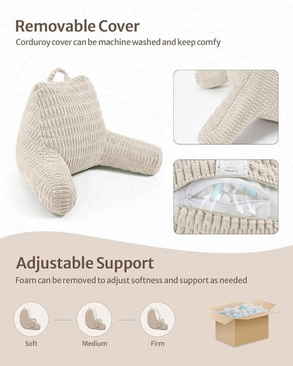 Blissful Diary Reading Pillow, Large Backrest Pillow with Shredded Memory Foam for Adult & Children, Designed for Bed and Couch Sitting Up, Includes Arms, Pockets and Washable Cover, Off White