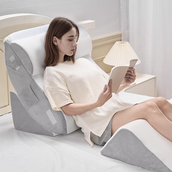 VEVOR Wedge Pillow for Sleeping, 4 Pcs Adjustable Orthopedic Bed Wedge Set, Support Leg Neck Shoulder, Post Surgery Pillow for Back Pain, Acid Reflux, Snoring Relief, Sitting up in Bed, White/Grey