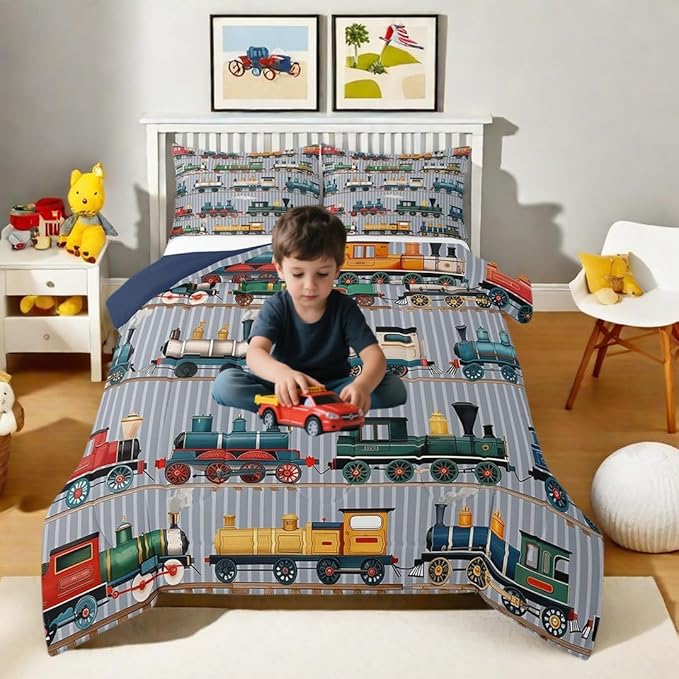 Erosebridal Kids Train Comforter Set - Toddler Size for Boys & Girls - Colorful Steam Engine Bedding Sets - Cartoon Train Transportation Comforter with 1 Pillow Case, Gray, Green, Blue, Yellow, White