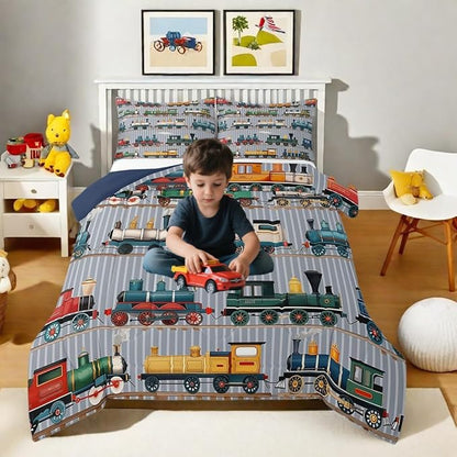 Erosebridal Kids Train Comforter Set - Toddler Size for Boys & Girls - Colorful Steam Engine Bedding Sets - Cartoon Train Transportation Comforter with 1 Pillow Case, Gray, Green, Blue, Yellow, White